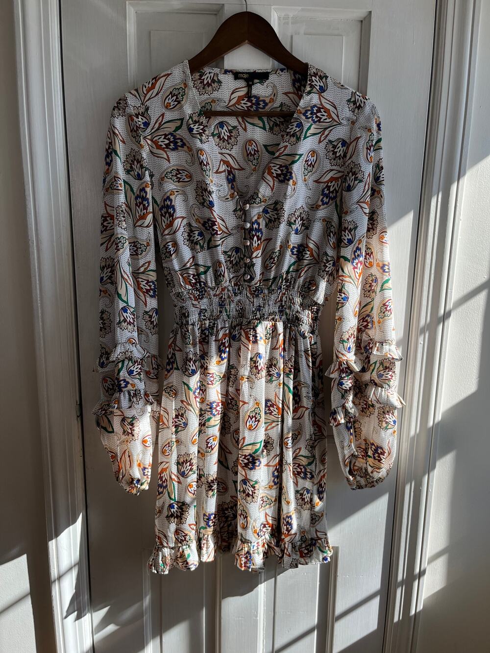 Maje White Floral Ruffle Mini Dress Tiered Bell Sleeve V-Neck Boho EU 38 US 6